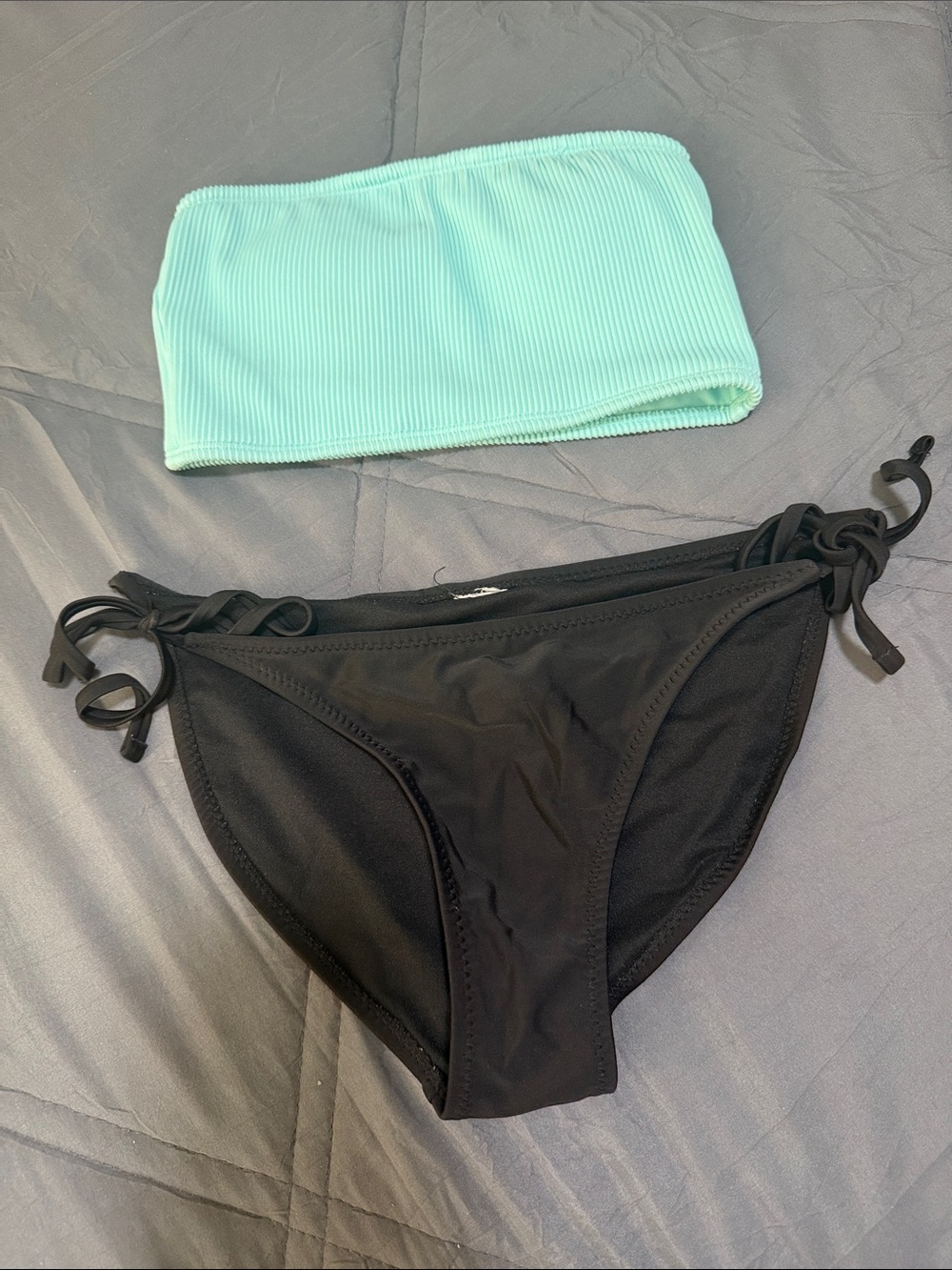 Mint Ribbed Bandeau Bikini Top with Black Tie-Side Bottoms